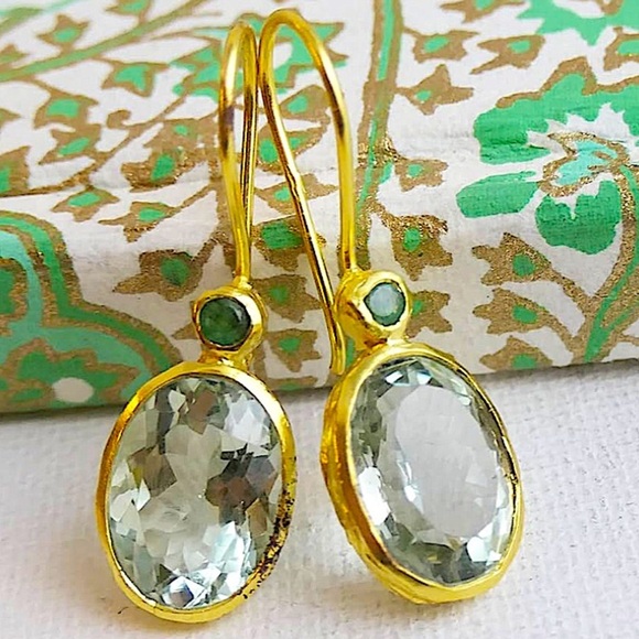 Green Amethyst Gold Plated Dangle Earrings Natural Gem Gemstone Jewelry - Picture 3 of 6